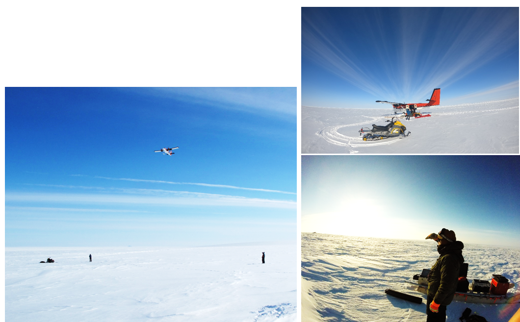Trois photos de l’équipe sur la calotte glaciaire de Meighen : l’arrivée de l’avion Twin Otter; belles vues
